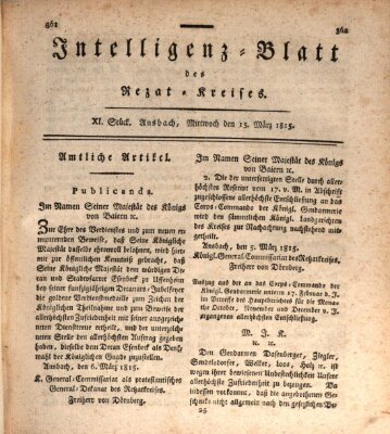 Intelligenzblatt des Rezat-Kreises (Ansbacher Intelligenz-Zeitung) Mittwoch 15. März 1815