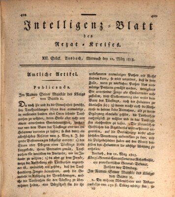 Intelligenzblatt des Rezat-Kreises (Ansbacher Intelligenz-Zeitung) Mittwoch 22. März 1815