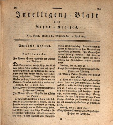 Intelligenzblatt des Rezat-Kreises (Ansbacher Intelligenz-Zeitung) Mittwoch 19. April 1815