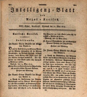 Intelligenzblatt des Rezat-Kreises (Ansbacher Intelligenz-Zeitung) Mittwoch 31. Mai 1815