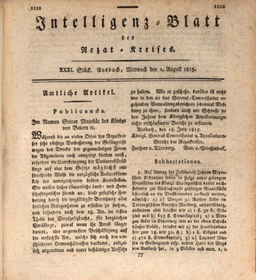 Intelligenzblatt des Rezat-Kreises (Ansbacher Intelligenz-Zeitung) Mittwoch 2. August 1815