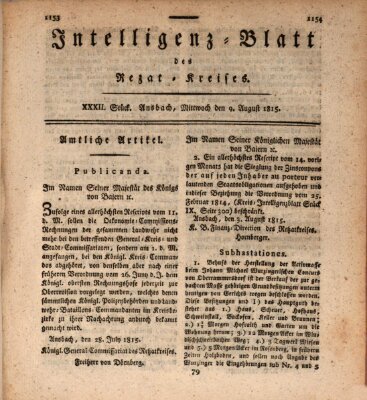 Intelligenzblatt des Rezat-Kreises (Ansbacher Intelligenz-Zeitung) Mittwoch 9. August 1815