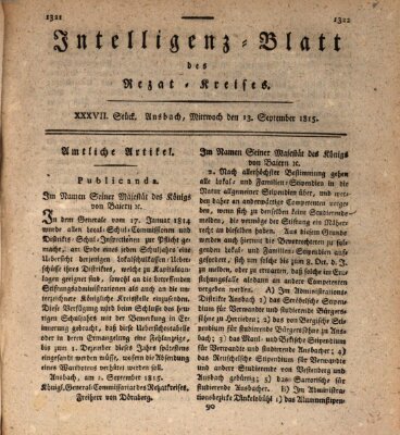 Intelligenzblatt des Rezat-Kreises (Ansbacher Intelligenz-Zeitung) Mittwoch 13. September 1815