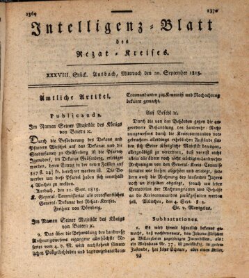 Intelligenzblatt des Rezat-Kreises (Ansbacher Intelligenz-Zeitung) Mittwoch 20. September 1815