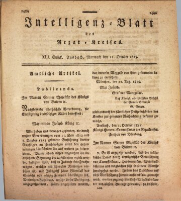 Intelligenzblatt des Rezat-Kreises (Ansbacher Intelligenz-Zeitung) Mittwoch 11. Oktober 1815