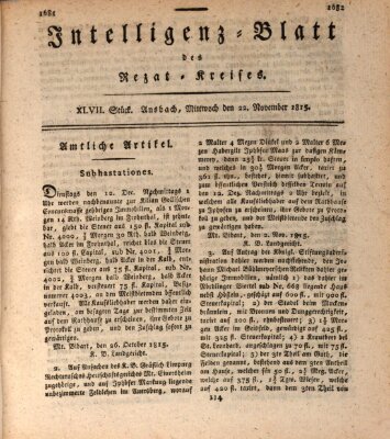 Intelligenzblatt des Rezat-Kreises (Ansbacher Intelligenz-Zeitung) Mittwoch 22. November 1815