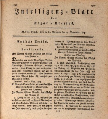 Intelligenzblatt des Rezat-Kreises (Ansbacher Intelligenz-Zeitung) Mittwoch 29. November 1815