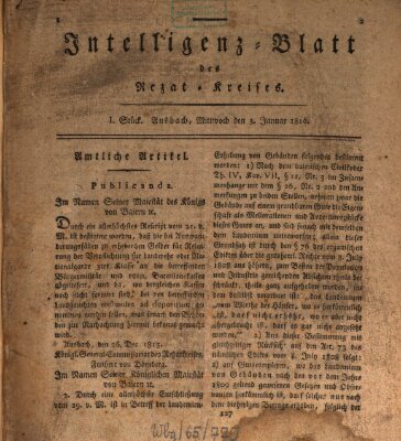 Intelligenzblatt des Rezat-Kreises (Ansbacher Intelligenz-Zeitung) Mittwoch 3. Januar 1816