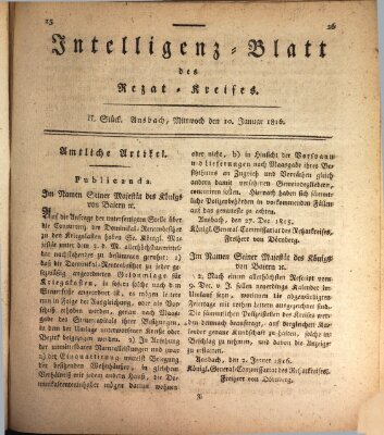 Intelligenzblatt des Rezat-Kreises (Ansbacher Intelligenz-Zeitung) Mittwoch 10. Januar 1816