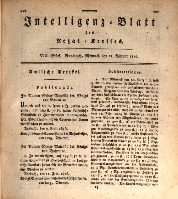 Intelligenzblatt des Rezat-Kreises (Ansbacher Intelligenz-Zeitung) Mittwoch 21. Februar 1816