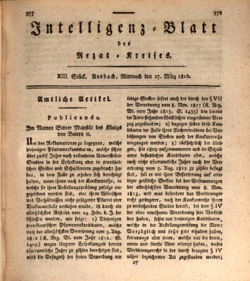 Intelligenzblatt des Rezat-Kreises (Ansbacher Intelligenz-Zeitung) Mittwoch 27. März 1816