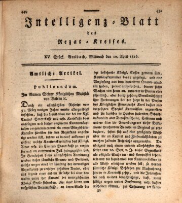 Intelligenzblatt des Rezat-Kreises (Ansbacher Intelligenz-Zeitung) Mittwoch 10. April 1816