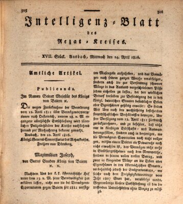 Intelligenzblatt des Rezat-Kreises (Ansbacher Intelligenz-Zeitung) Mittwoch 24. April 1816