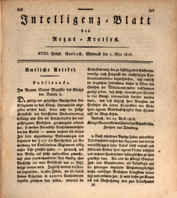 Intelligenzblatt des Rezat-Kreises (Ansbacher Intelligenz-Zeitung) Mittwoch 1. Mai 1816