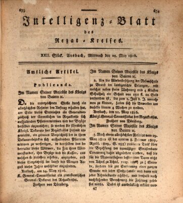 Intelligenzblatt des Rezat-Kreises (Ansbacher Intelligenz-Zeitung) Mittwoch 29. Mai 1816