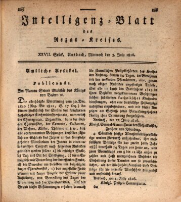 Intelligenzblatt des Rezat-Kreises (Ansbacher Intelligenz-Zeitung) Mittwoch 3. Juli 1816