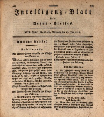 Intelligenzblatt des Rezat-Kreises (Ansbacher Intelligenz-Zeitung) Mittwoch 17. Juli 1816