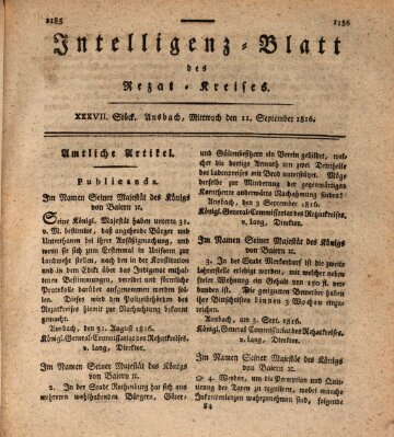 Intelligenzblatt des Rezat-Kreises (Ansbacher Intelligenz-Zeitung) Mittwoch 11. September 1816