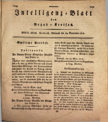 Intelligenzblatt des Rezat-Kreises (Ansbacher Intelligenz-Zeitung) Mittwoch 25. September 1816