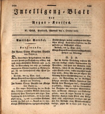 Intelligenzblatt des Rezat-Kreises (Ansbacher Intelligenz-Zeitung) Mittwoch 2. Oktober 1816