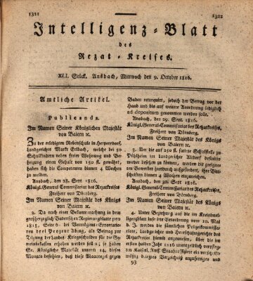 Intelligenzblatt des Rezat-Kreises (Ansbacher Intelligenz-Zeitung) Mittwoch 9. Oktober 1816