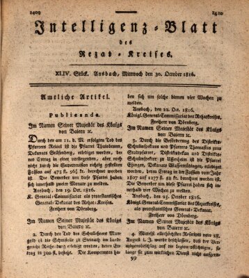 Intelligenzblatt des Rezat-Kreises (Ansbacher Intelligenz-Zeitung) Mittwoch 30. Oktober 1816