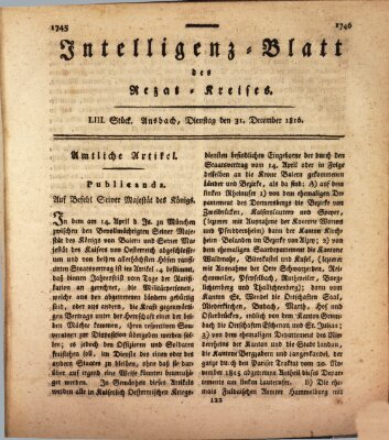 Intelligenzblatt des Rezat-Kreises (Ansbacher Intelligenz-Zeitung) Dienstag 31. Dezember 1816