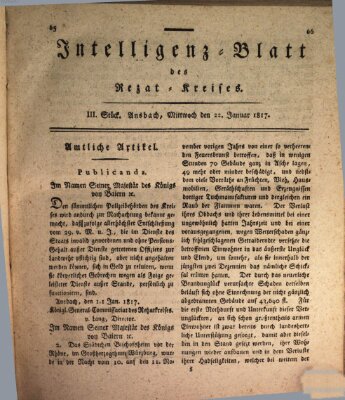 Intelligenzblatt des Rezat-Kreises (Ansbacher Intelligenz-Zeitung) Mittwoch 22. Januar 1817