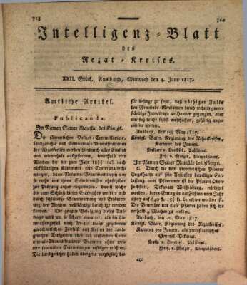 Intelligenzblatt des Rezat-Kreises (Ansbacher Intelligenz-Zeitung) Mittwoch 4. Juni 1817