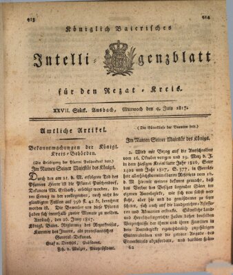 Königlich Bayerisches Intelligenzblatt für den Rezat-Kreis (Ansbacher Intelligenz-Zeitung) Mittwoch 9. Juli 1817