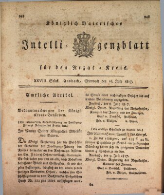 Königlich Bayerisches Intelligenzblatt für den Rezat-Kreis (Ansbacher Intelligenz-Zeitung) Mittwoch 16. Juli 1817