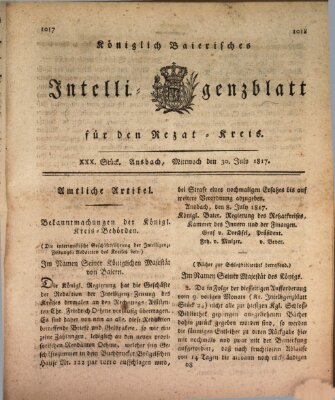 Königlich Bayerisches Intelligenzblatt für den Rezat-Kreis (Ansbacher Intelligenz-Zeitung) Mittwoch 30. Juli 1817