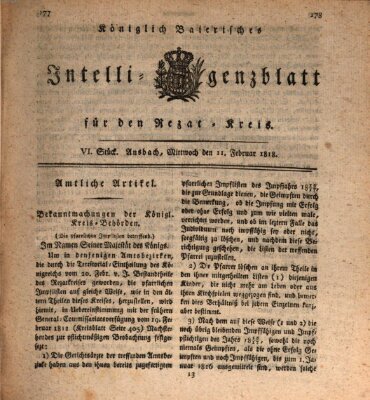 Königlich Bayerisches Intelligenzblatt für den Rezat-Kreis (Ansbacher Intelligenz-Zeitung) Mittwoch 11. Februar 1818