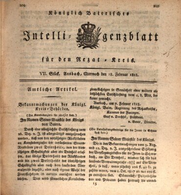 Königlich Bayerisches Intelligenzblatt für den Rezat-Kreis (Ansbacher Intelligenz-Zeitung) Mittwoch 18. Februar 1818