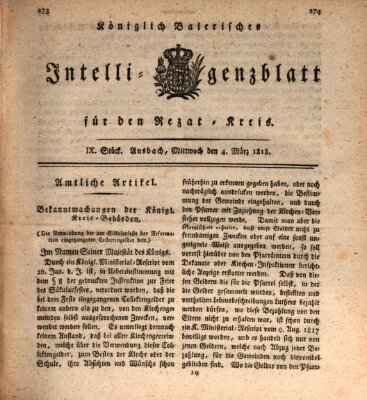 Königlich Bayerisches Intelligenzblatt für den Rezat-Kreis (Ansbacher Intelligenz-Zeitung) Mittwoch 4. März 1818