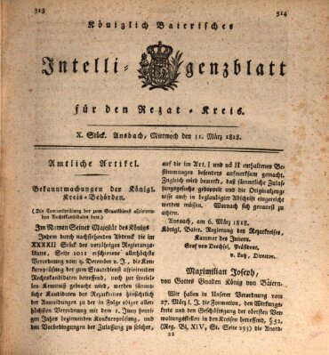 Königlich Bayerisches Intelligenzblatt für den Rezat-Kreis (Ansbacher Intelligenz-Zeitung) Mittwoch 11. März 1818