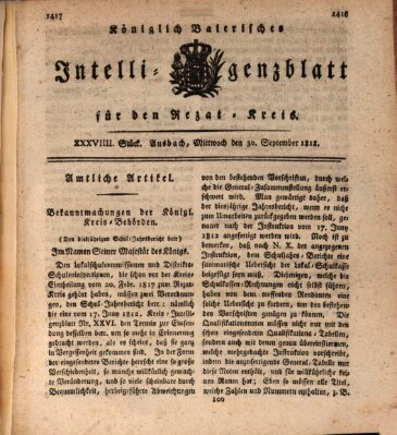 Königlich Bayerisches Intelligenzblatt für den Rezat-Kreis (Ansbacher Intelligenz-Zeitung) Mittwoch 30. September 1818