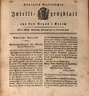 Königlich Bayerisches Intelligenzblatt für den Rezat-Kreis (Ansbacher Intelligenz-Zeitung) Mittwoch 18. November 1818