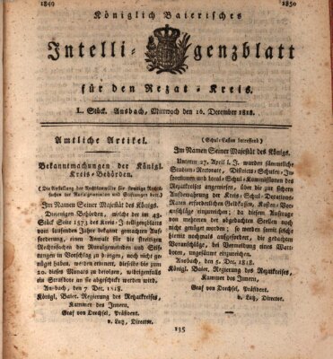 Königlich Bayerisches Intelligenzblatt für den Rezat-Kreis (Ansbacher Intelligenz-Zeitung) Mittwoch 16. Dezember 1818