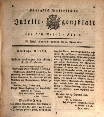 Königlich Bayerisches Intelligenzblatt für den Rezat-Kreis (Ansbacher Intelligenz-Zeitung) Mittwoch 20. Januar 1819