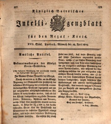 Königlich Bayerisches Intelligenzblatt für den Rezat-Kreis (Ansbacher Intelligenz-Zeitung) Mittwoch 28. April 1819