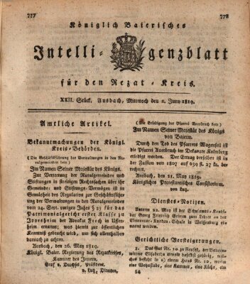 Königlich Bayerisches Intelligenzblatt für den Rezat-Kreis (Ansbacher Intelligenz-Zeitung) Mittwoch 2. Juni 1819
