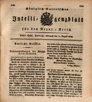 Königlich Bayerisches Intelligenzblatt für den Rezat-Kreis (Ansbacher Intelligenz-Zeitung) Mittwoch 11. August 1819