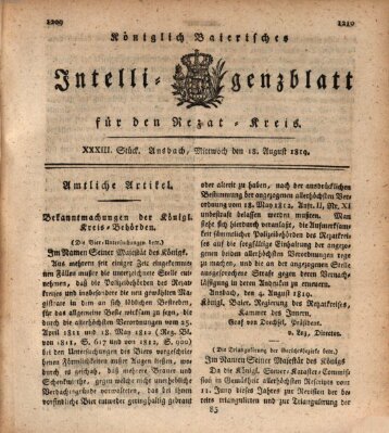 Königlich Bayerisches Intelligenzblatt für den Rezat-Kreis (Ansbacher Intelligenz-Zeitung) Mittwoch 18. August 1819