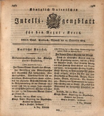 Königlich Bayerisches Intelligenzblatt für den Rezat-Kreis (Ansbacher Intelligenz-Zeitung) Mittwoch 29. September 1819
