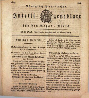 Königlich Bayerisches Intelligenzblatt für den Rezat-Kreis (Ansbacher Intelligenz-Zeitung) Mittwoch 27. Oktober 1819