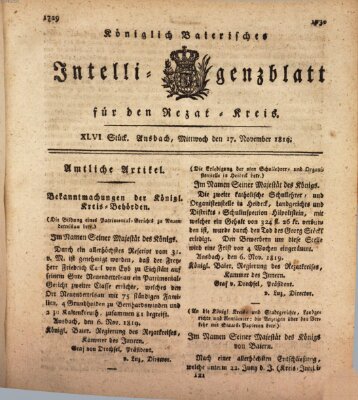 Königlich Bayerisches Intelligenzblatt für den Rezat-Kreis (Ansbacher Intelligenz-Zeitung) Mittwoch 17. November 1819