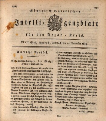 Königlich Bayerisches Intelligenzblatt für den Rezat-Kreis (Ansbacher Intelligenz-Zeitung) Mittwoch 24. November 1819