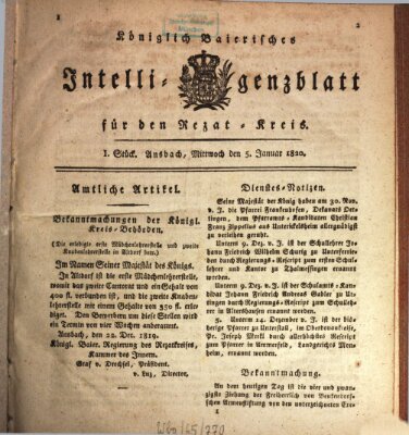 Königlich Bayerisches Intelligenzblatt für den Rezat-Kreis (Ansbacher Intelligenz-Zeitung) Mittwoch 5. Januar 1820