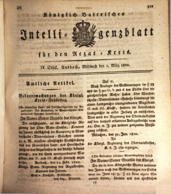 Königlich Bayerisches Intelligenzblatt für den Rezat-Kreis (Ansbacher Intelligenz-Zeitung) Mittwoch 1. März 1820